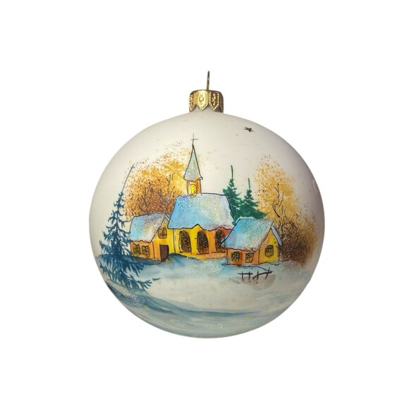 Vintage Hand Painted Glass Ball Ornament Christmas Winter Church Scene  5” H - Picture 2 of 13